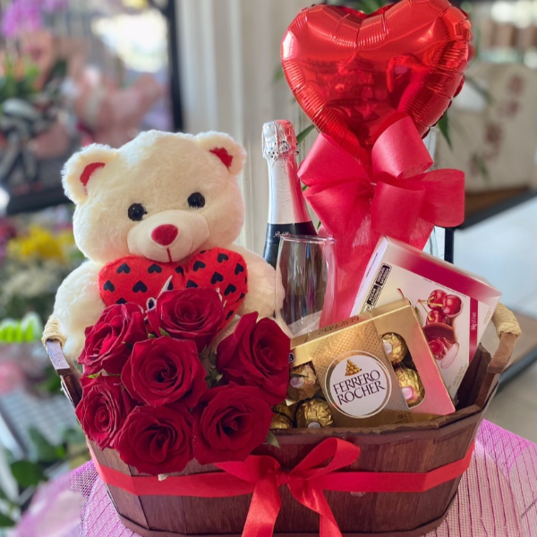 Cesta de Chocolate Luxo com Ursinho de Pelcia e Espumante 