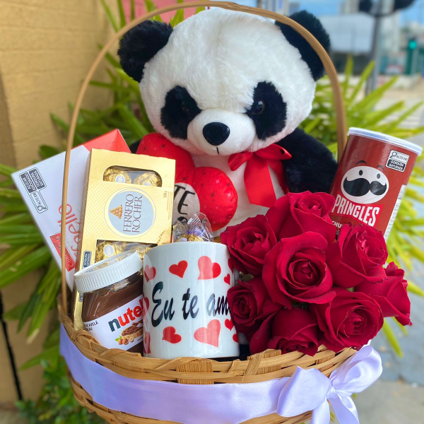 Cesta de Chocolate Grande com Urso Panda de Pelcia